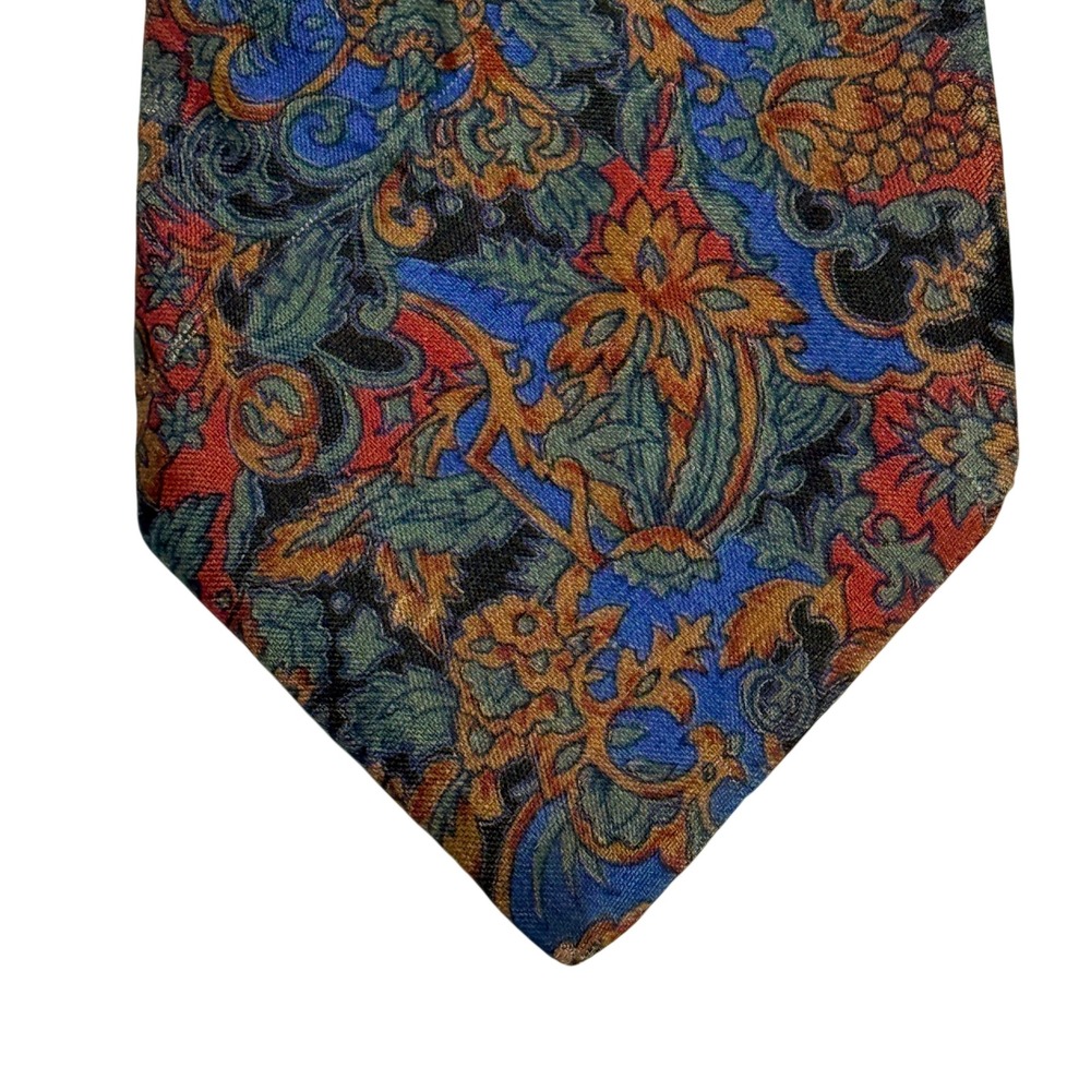 Vintage Men's Floral Tapestry Neck Tie Blue Green Burgundy Gold Wide Necktie
